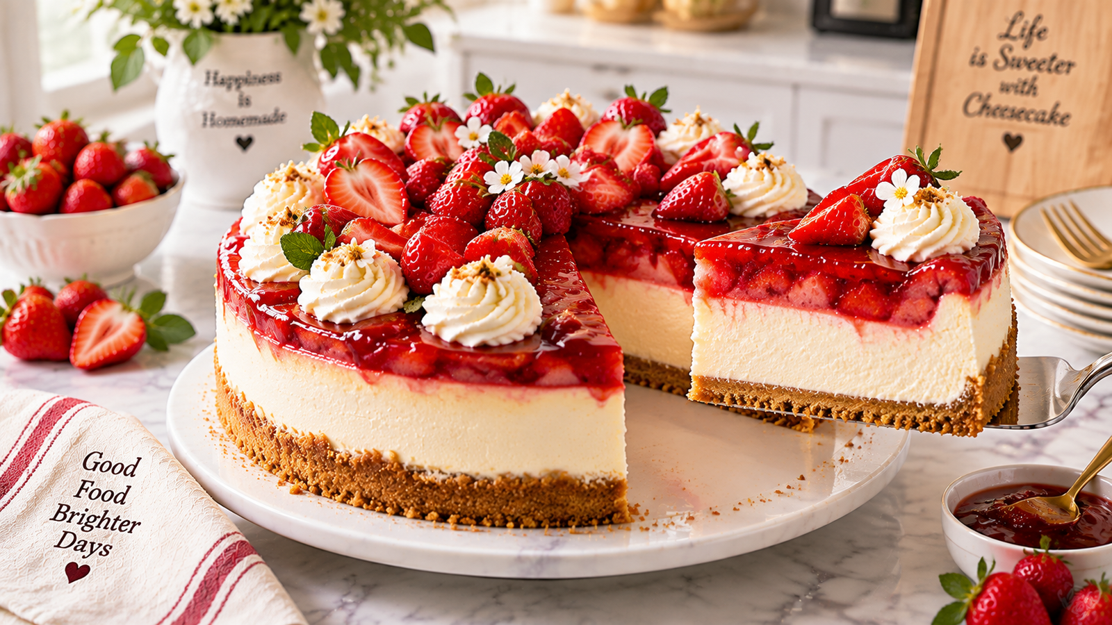 Strawberry cheesecake with graham crust and glossy strawberry topping