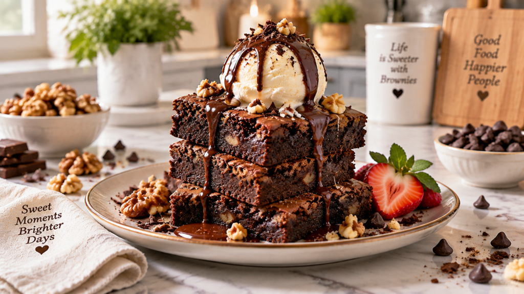 Brownie sundae with ice cream, chocolate sauce, walnuts and strawberries