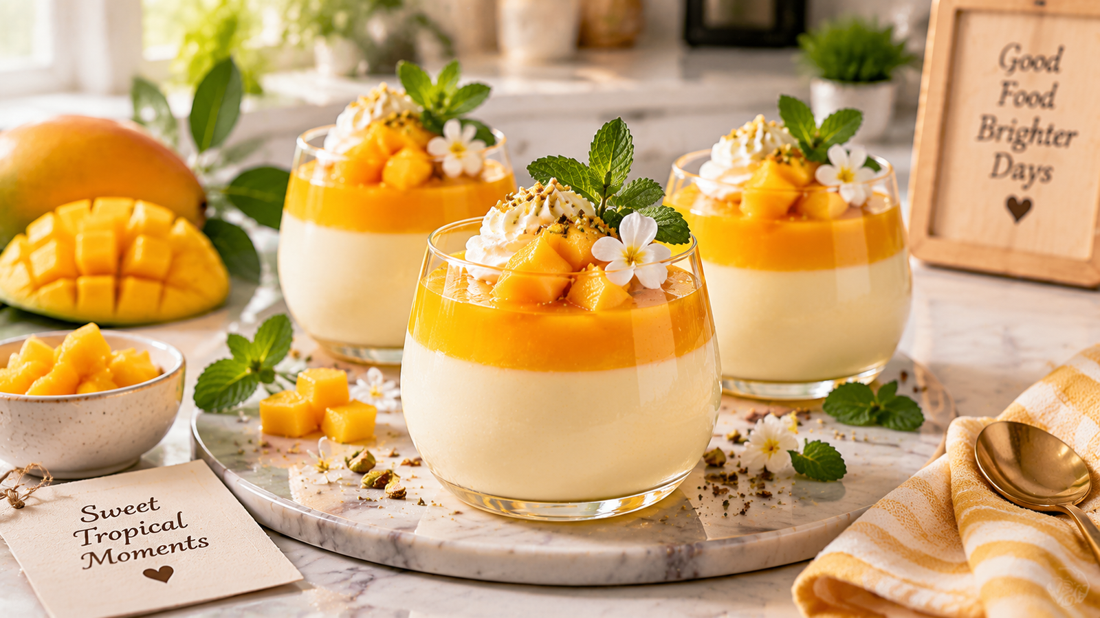 Mango panna cotta topped with mango glaze and pistachios