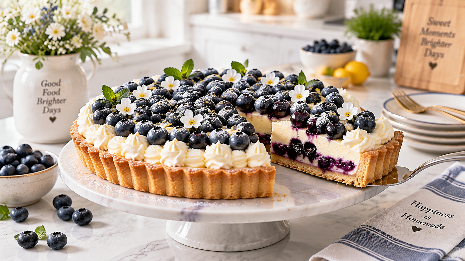 Blueberry cream tart with buttery crust, mascarpone filling and fresh blueberries