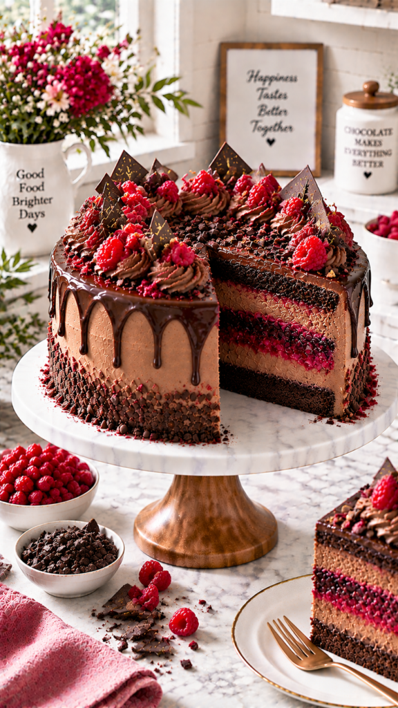 Chocolate raspberry layer cake with raspberry cream filling and ganache