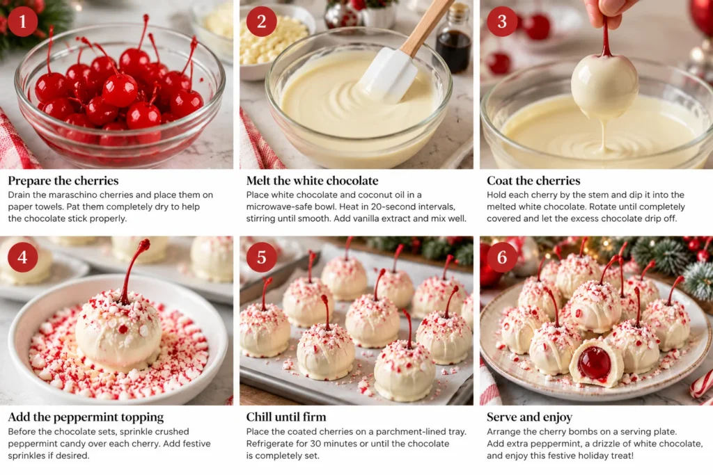 Finished Christmas cherry bombs with white chocolate and peppermint