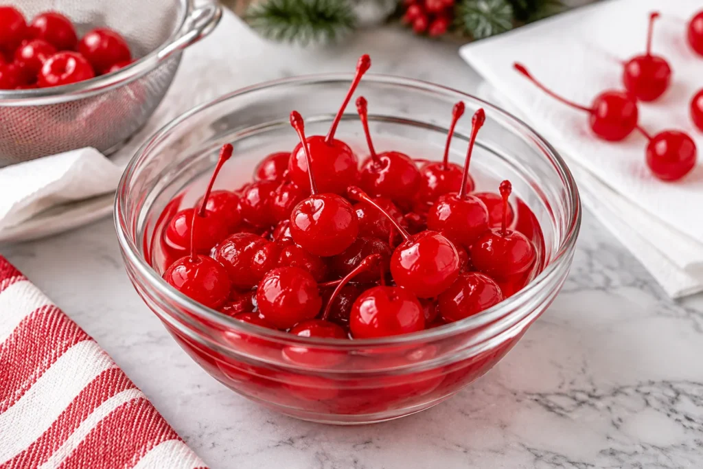Drained maraschino cherries drying on paper towels before chocolate coating