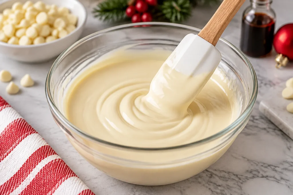 Melted white chocolate in a bowl for coating cherries