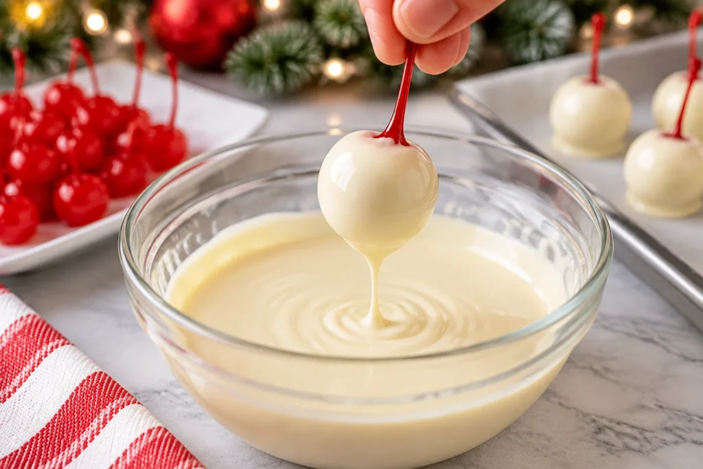 Dipping a stemmed cherry into melted white chocolate