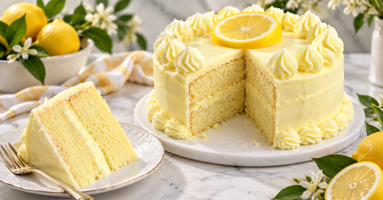 Moist lemon cake recipe sliced with sweet glaze on a white plate