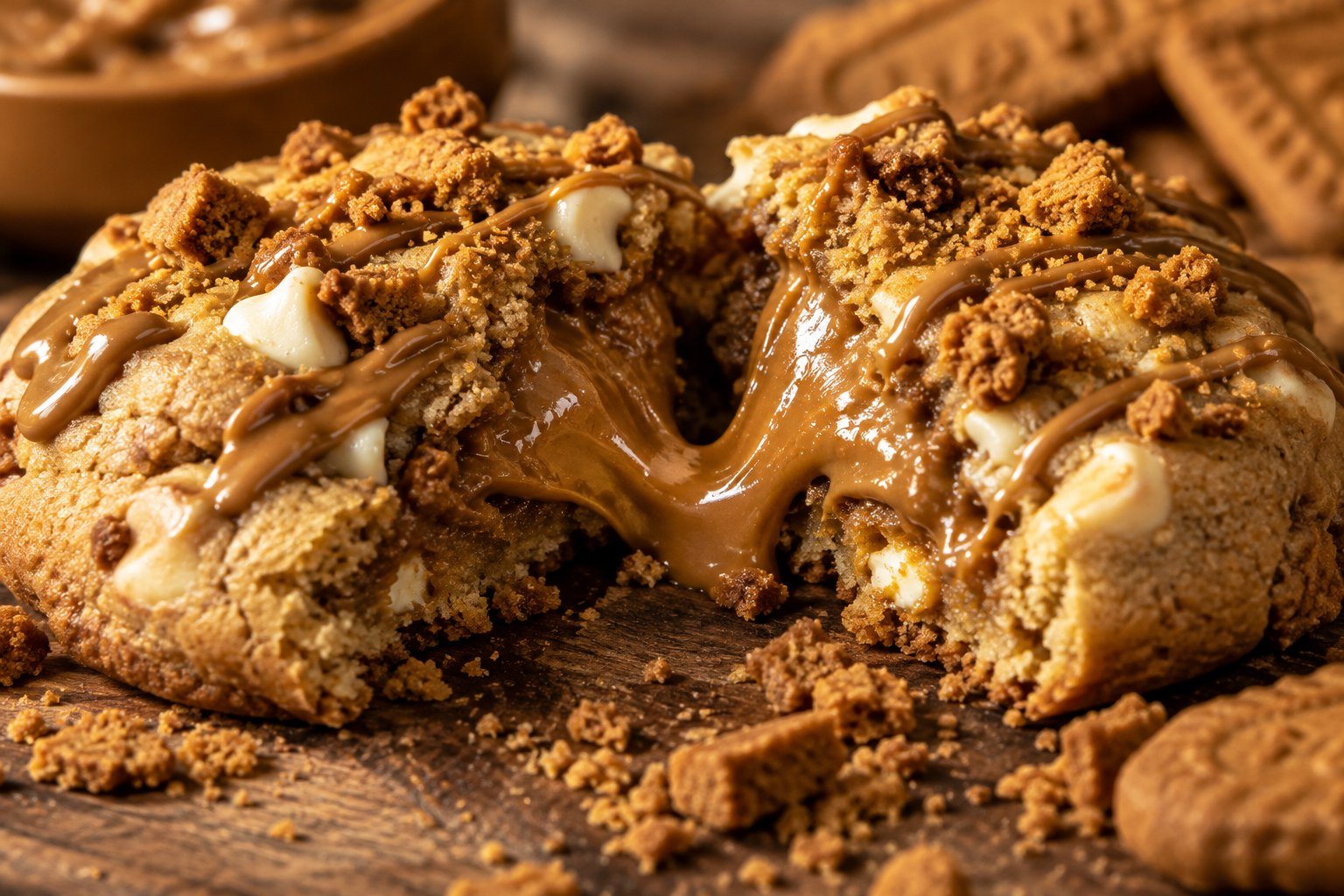 Biscoff cookie butter stuffed cookie broken in half showing molten caramelized cookie butter center