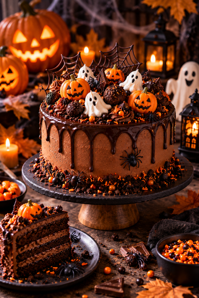 Halloween chocolate layer cake with ganache drip, candy pumpkins and ghosts
