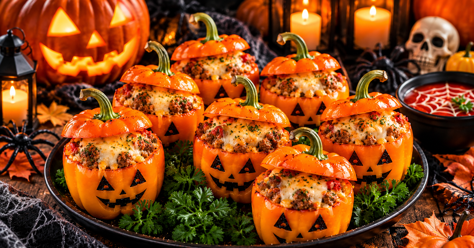 Spooky Jack-o-Lantern Stuffed Peppers