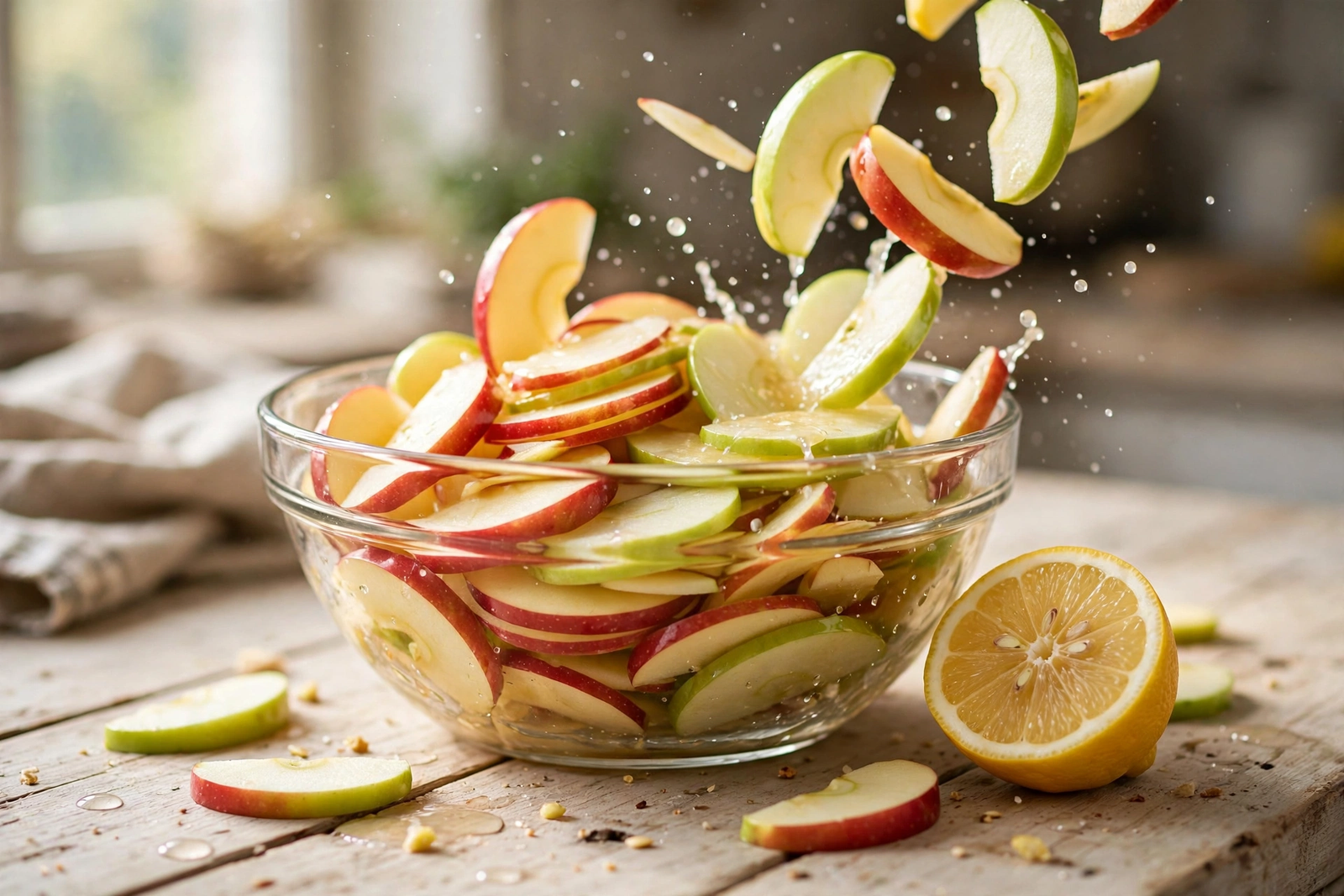 Freshly sliced apples tossed with lemon juice in a bowl