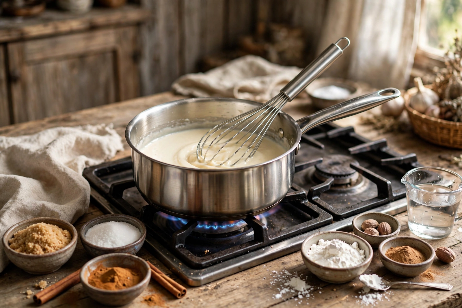 Sugar, cornstarch, cinnamon and spices being whisked with water in a saucepan