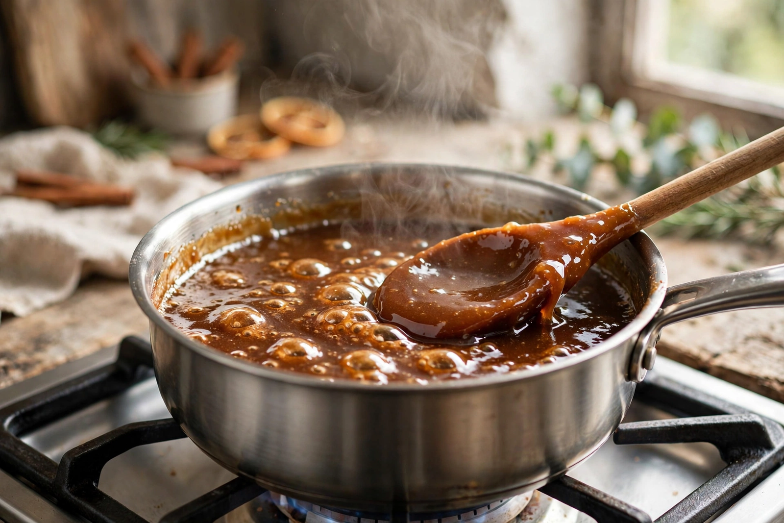 Glossy thickened cinnamon syrup bubbling in a saucepan
