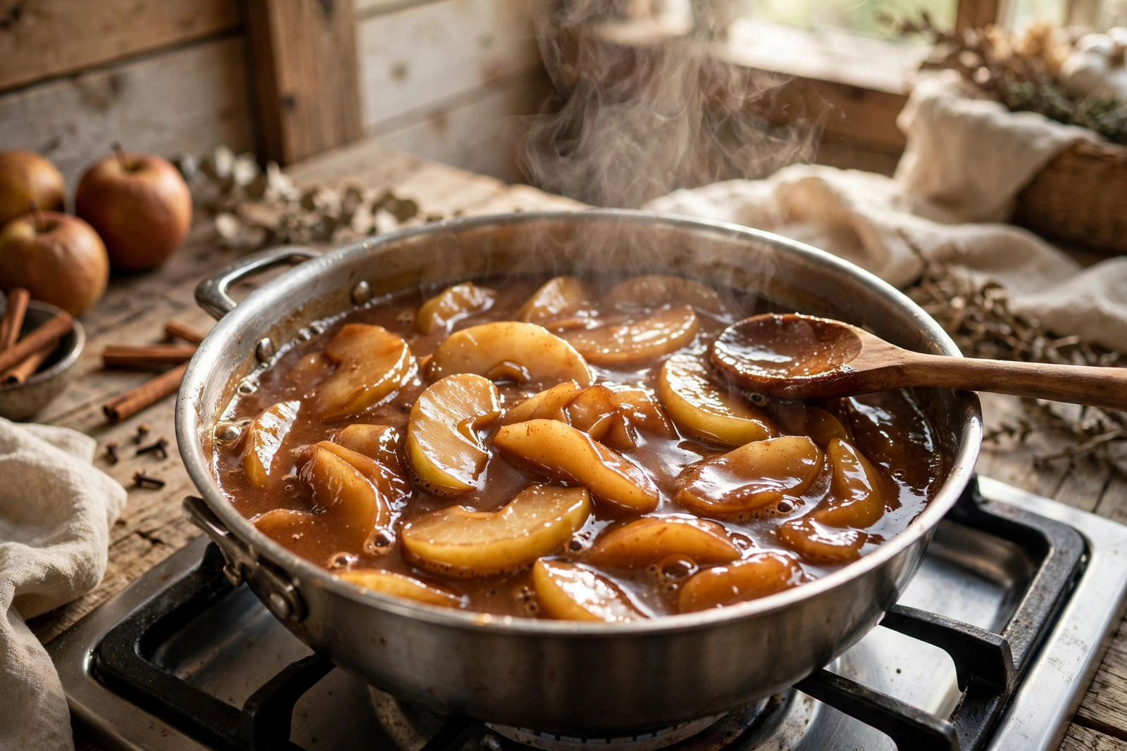 Apple slices simmering in glossy cinnamon syrup in a saucepan