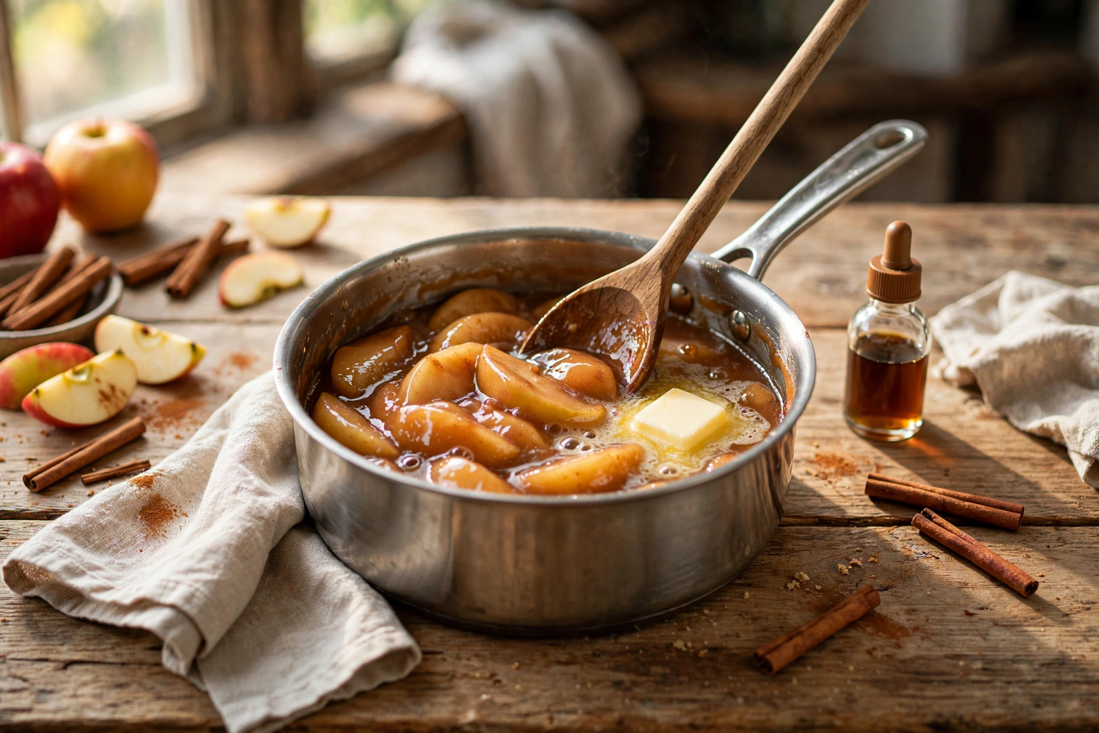 Butter melting into warm apple pie filling with a wooden spoon