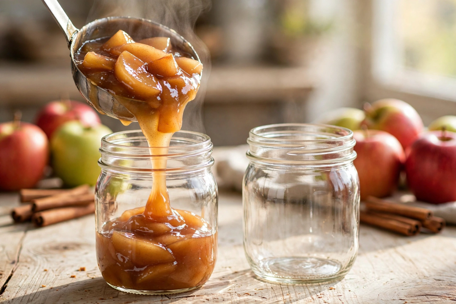 Ladling warm apple pie filling into clean glass mason jars