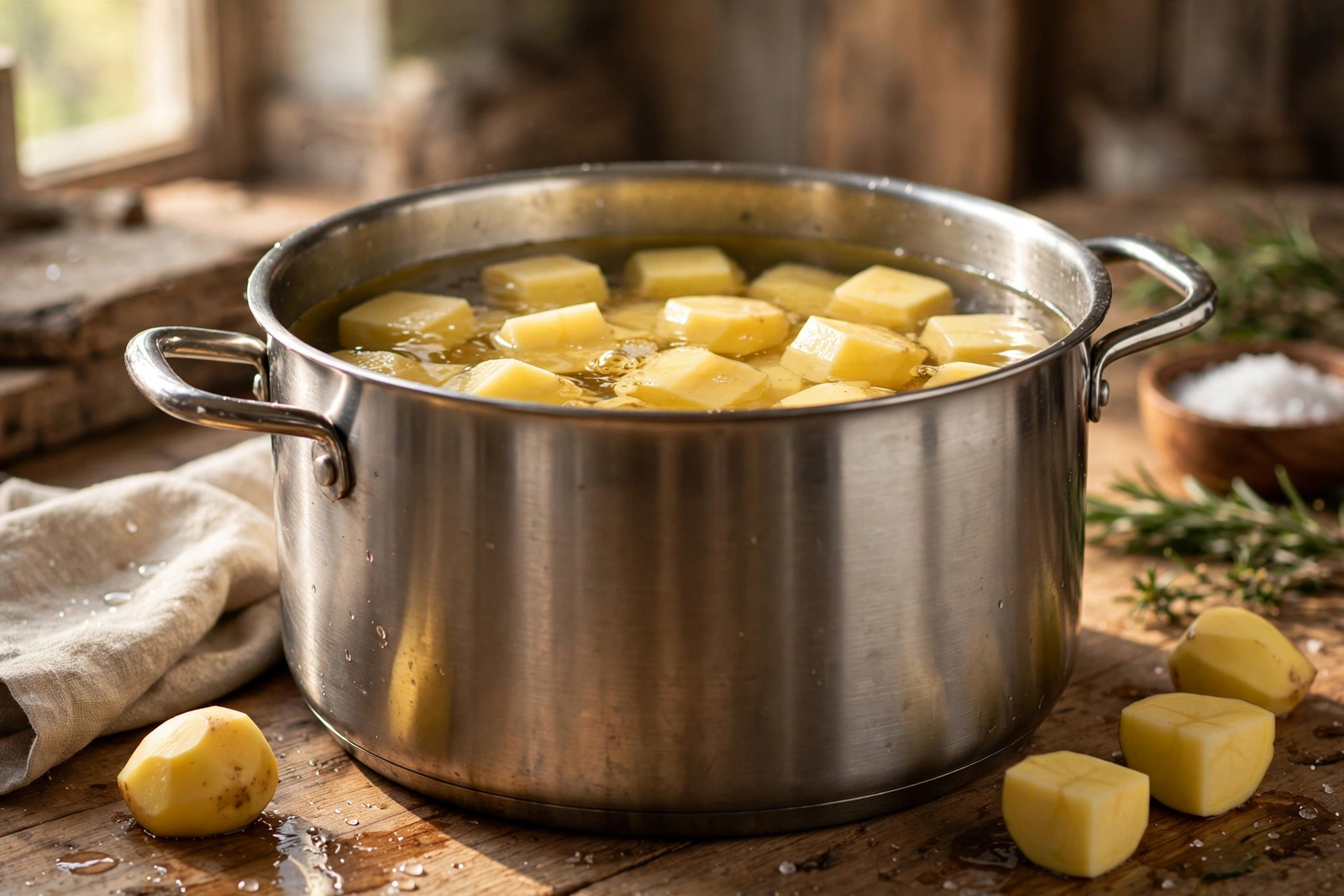 Peeled Yukon Gold potato chunks in a pot of cold salted water