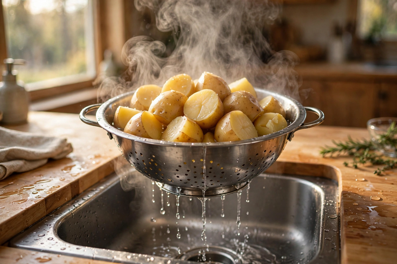 Fork-tender potato chunks draining in a colander with steam rising