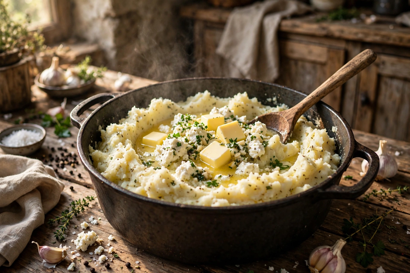 Butter cubes and crumbled Boursin cheese melting into mashed potatoes