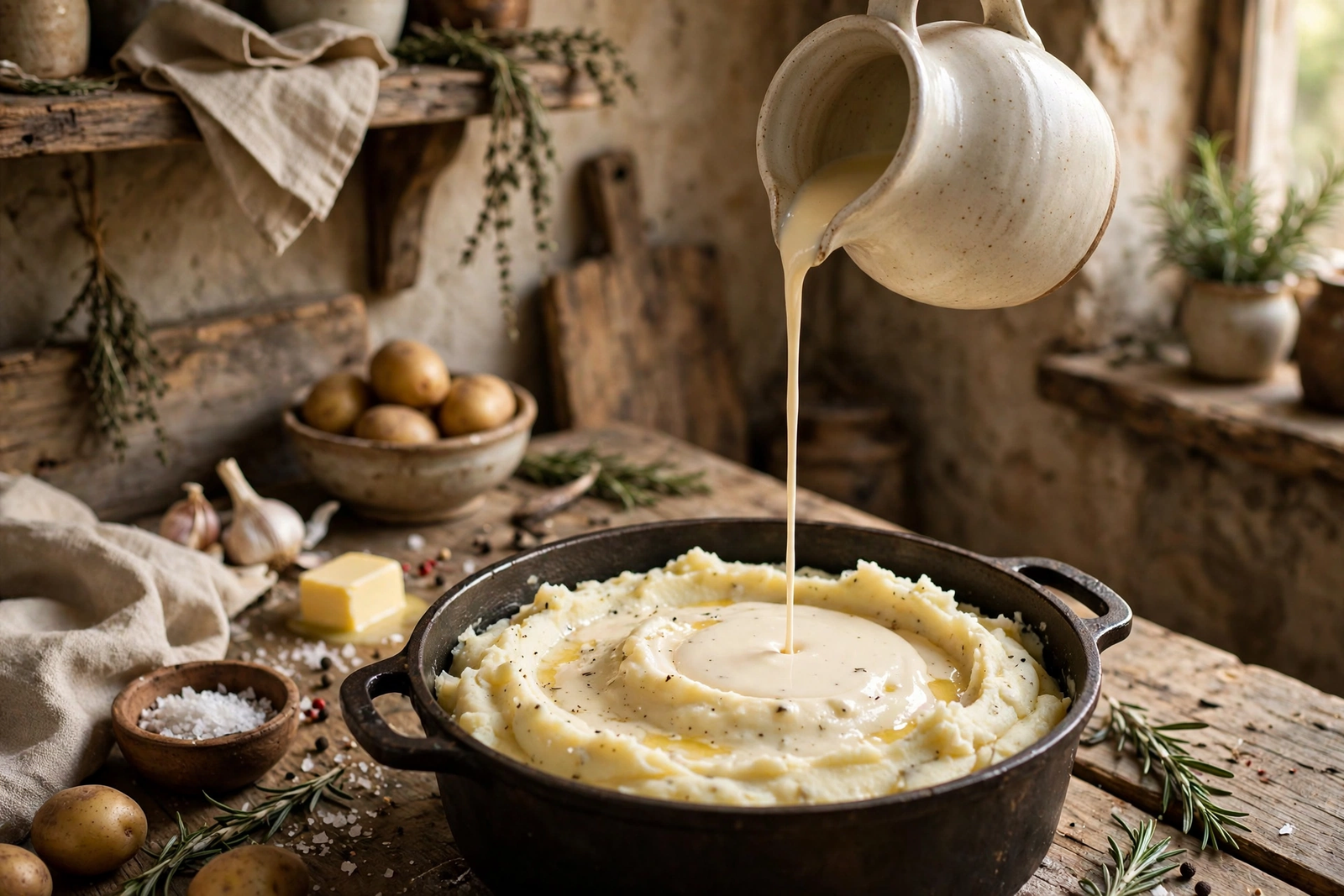 Warm cream being poured into creamy mashed potatoes