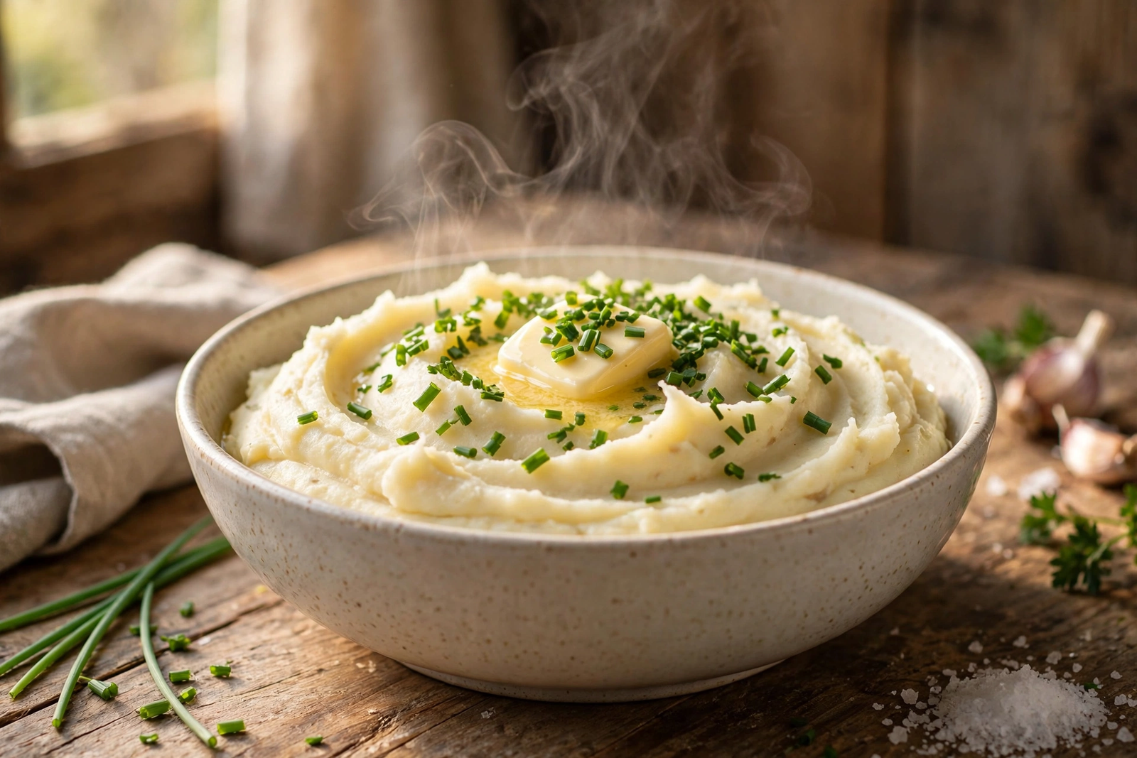Serving bowl of creamy mashed potatoes with chives and melting butter