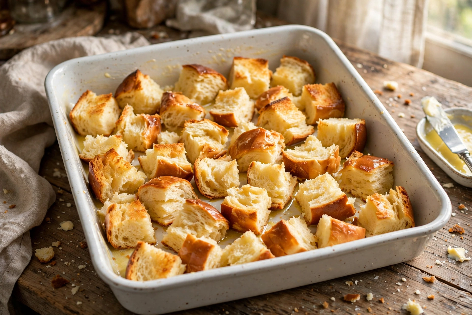 Torn brioche cubes spread in a buttered 9x13-inch baking dish for bread pudding