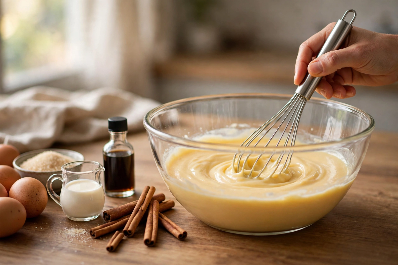 Whisking egg, sugar and vanilla custard in a large glass mixing bowl