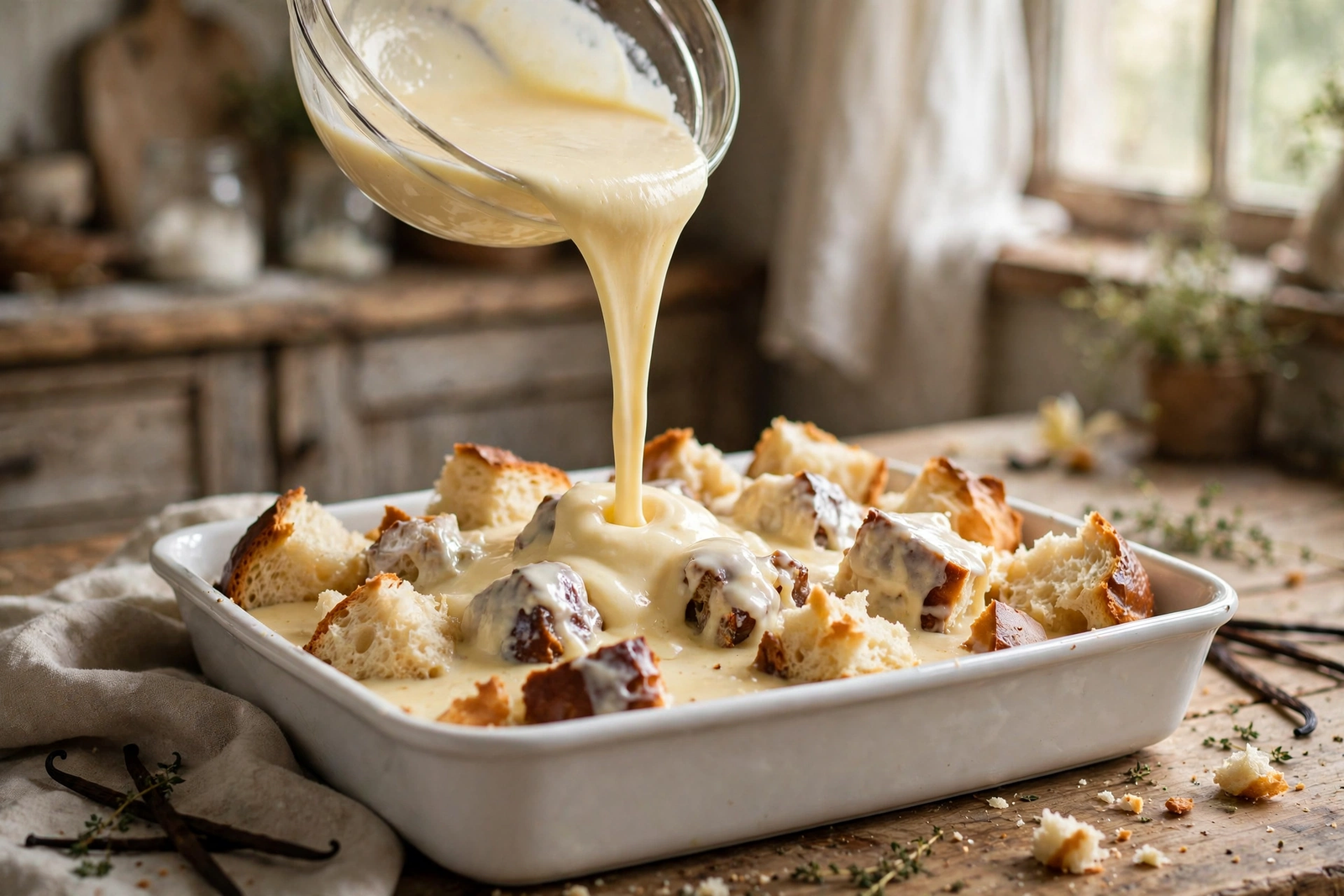 Vanilla custard poured over brioche cubes, soaking into the bread in the baking dish
