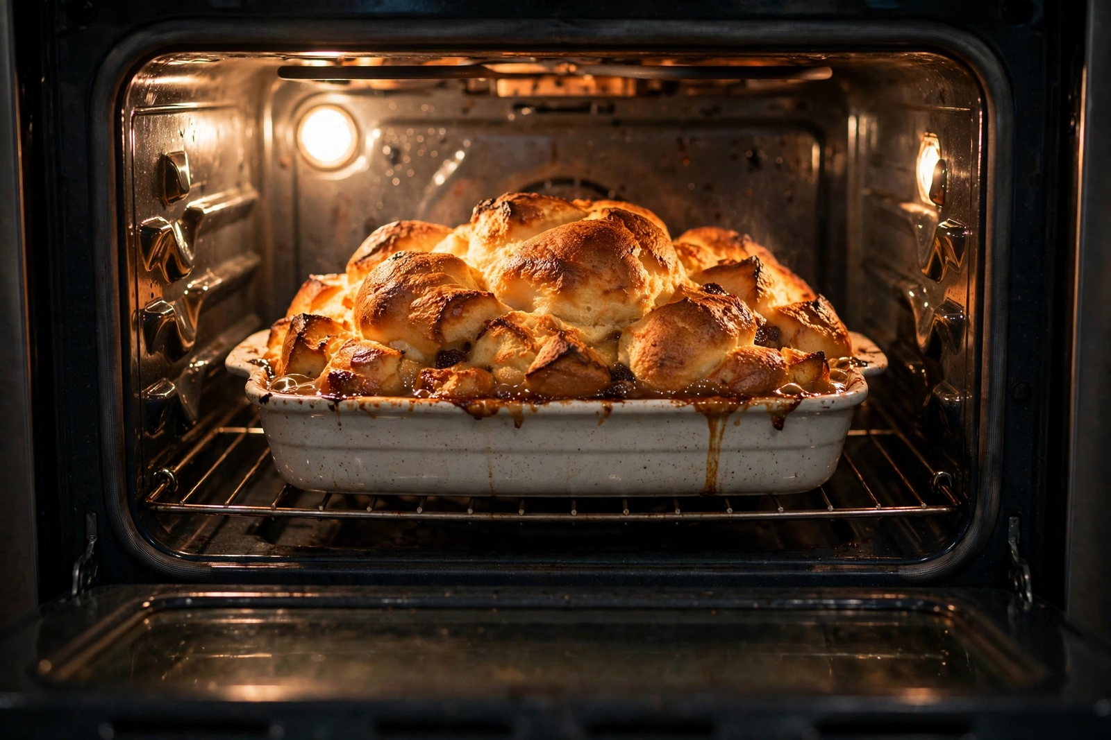 Bread pudding baking in the oven, puffed and turning golden brown