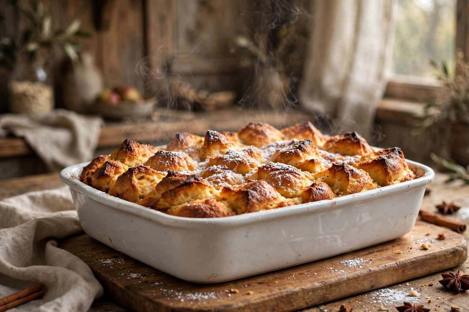 Freshly baked golden bread pudding resting in the baking dish on a wooden board