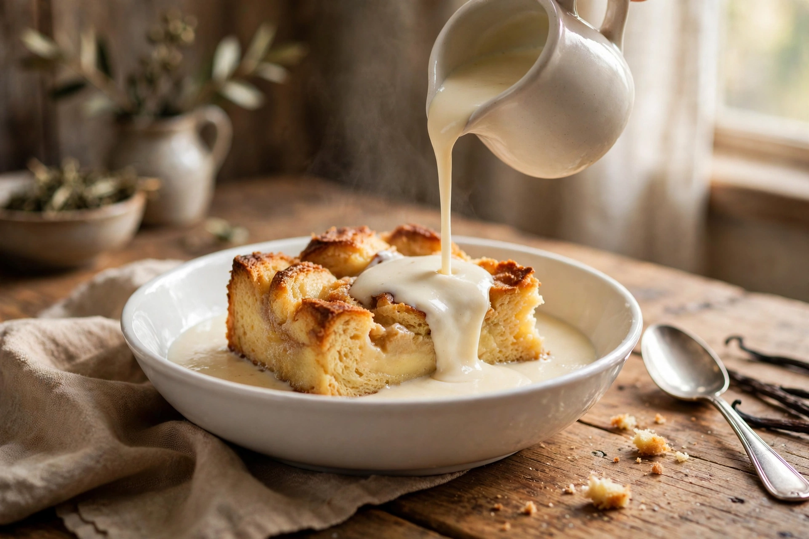 Warm slice of bread pudding in a bowl with vanilla sauce being poured over