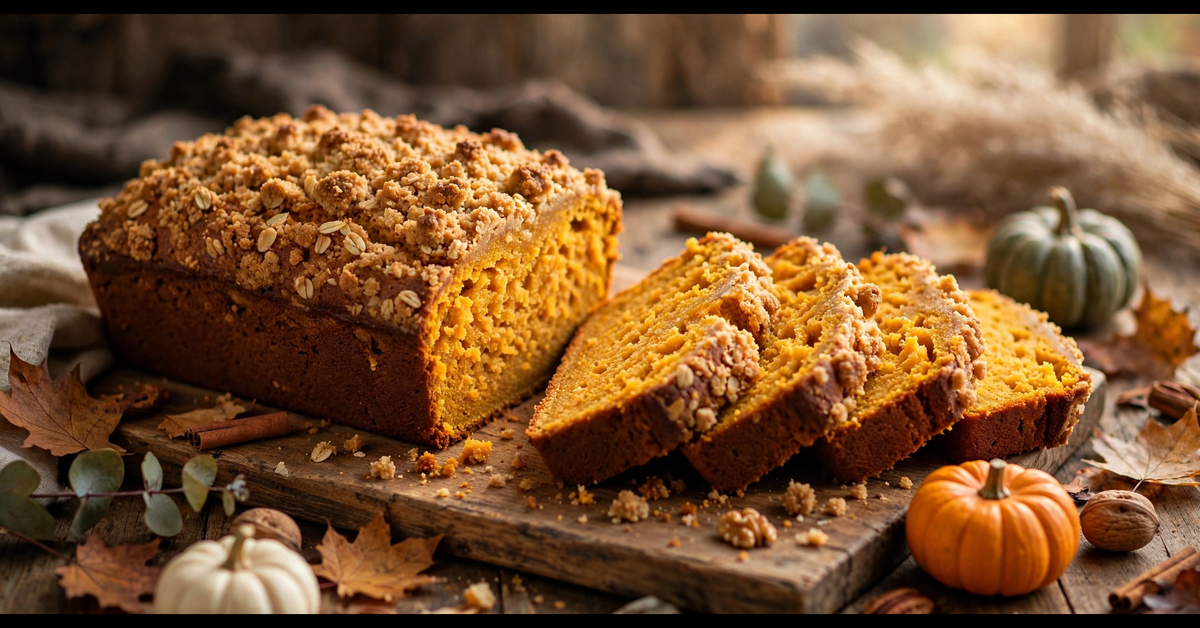 Brown butter pumpkin bread recipe: moist spiced pumpkin loaf with cinnamon streusel topping, sliced
