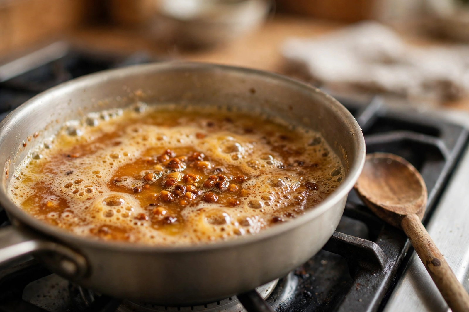 Browning butter in a saucepan until amber with nutty aroma