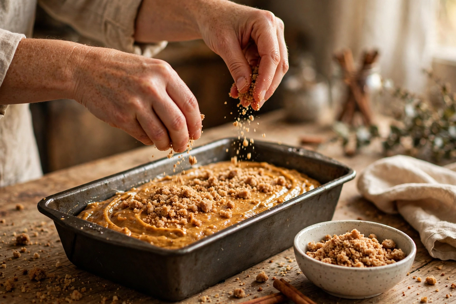 Scattering cinnamon streusel crumbs over raw pumpkin bread batter