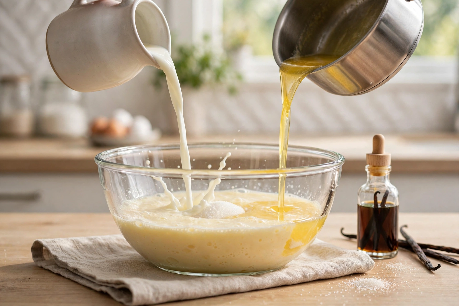 Pouring milk and melted butter into the whisked egg mixture