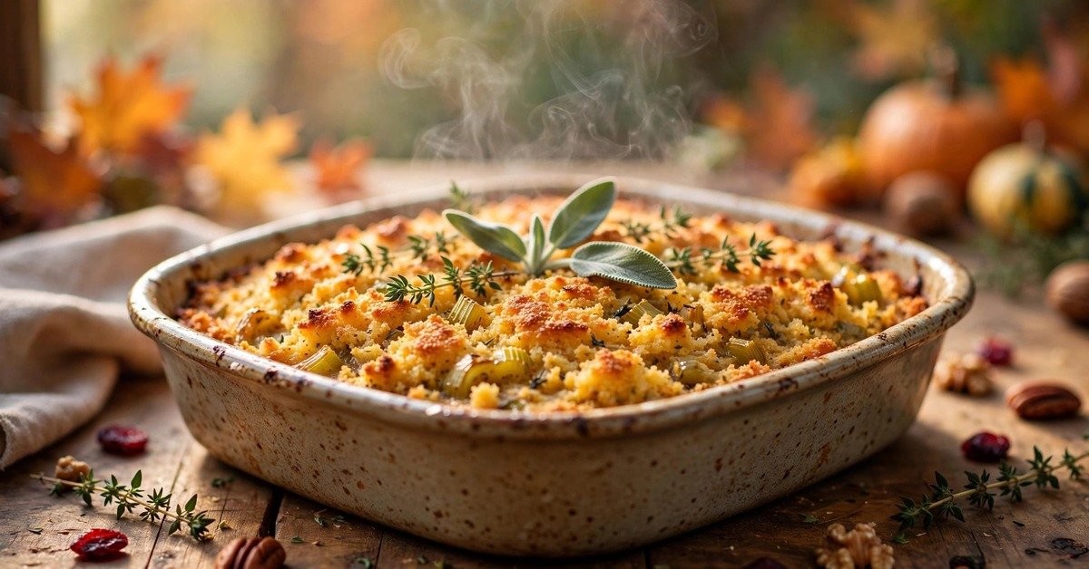Gordon Ramsay cornbread dressing recipe baked golden with a crisp top in a rustic dish