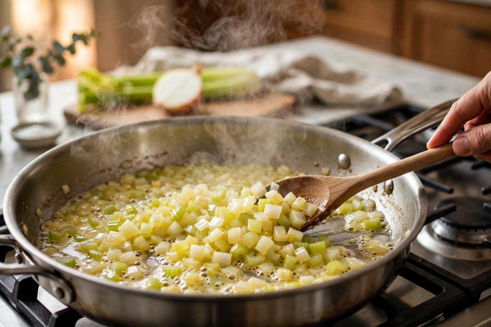 Diced onion and celery sauteing in melted butter in a skillet for cornbread dressing
