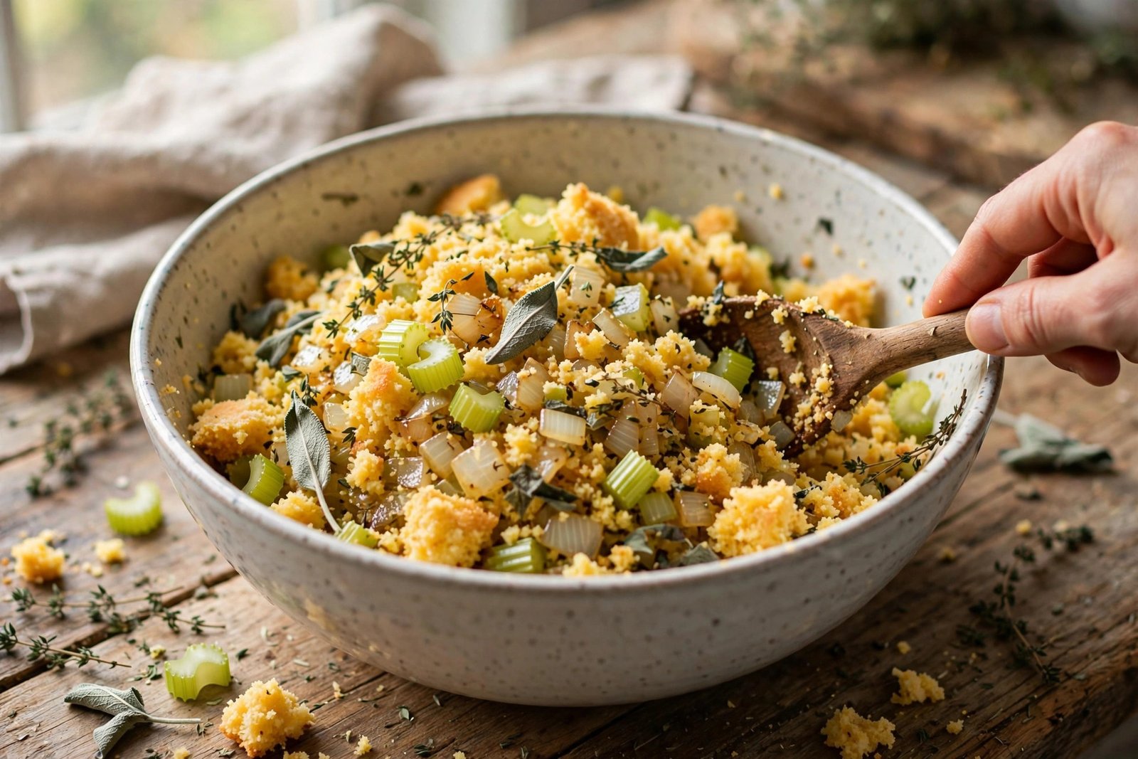 Tossing crumbled cornbread with sauteed onion, celery, sage and thyme in a bowl