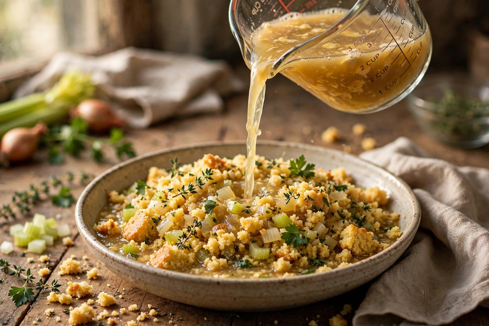Pouring whisked egg and warm chicken broth over the cornbread dressing mixture