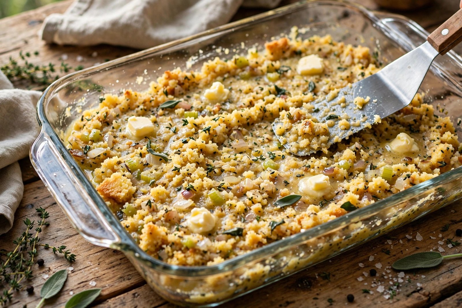 Cornbread dressing mixture spread evenly in a buttered baking dish dotted with butter