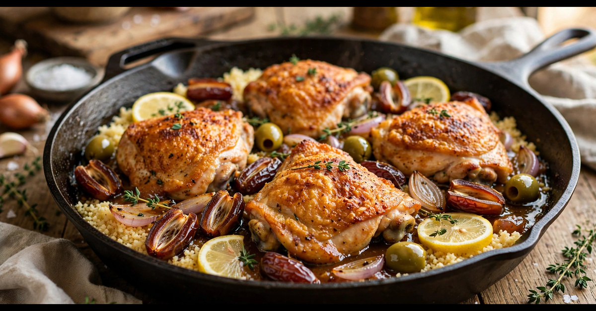 Gordon Ramsay date me chicken recipe: crispy chicken thighs in Medjool date, olive and lemon pan sauce over couscous