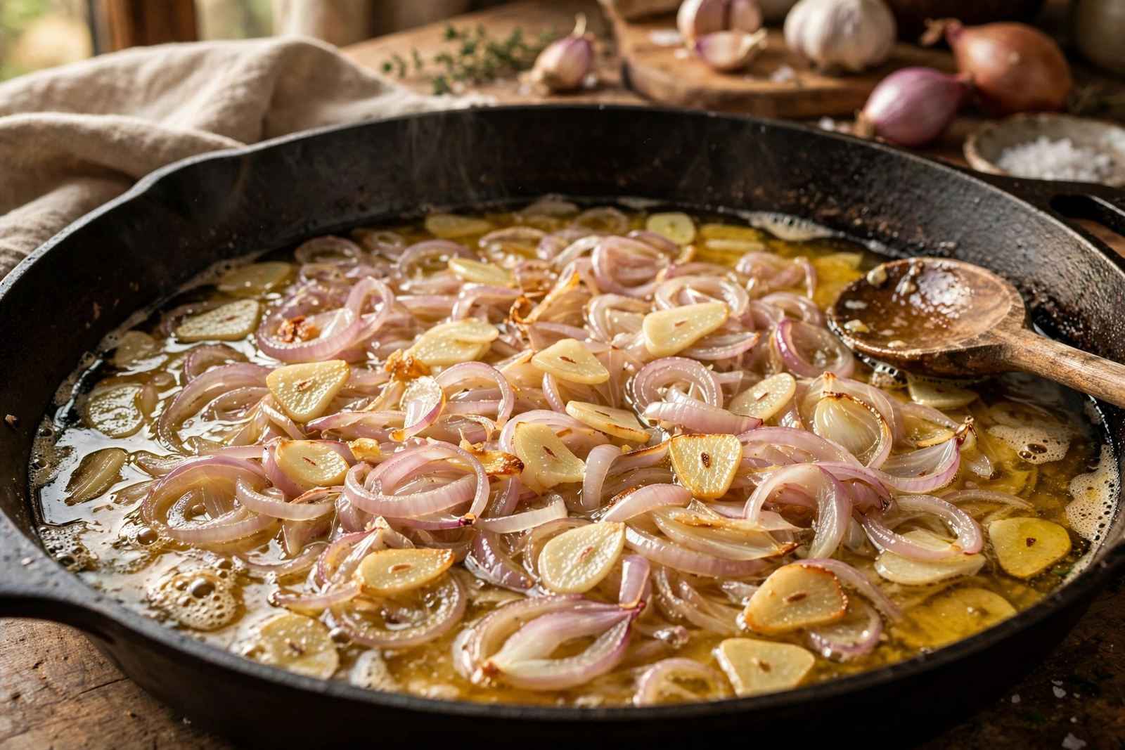 Sliced shallots and garlic softening in rendered chicken fat