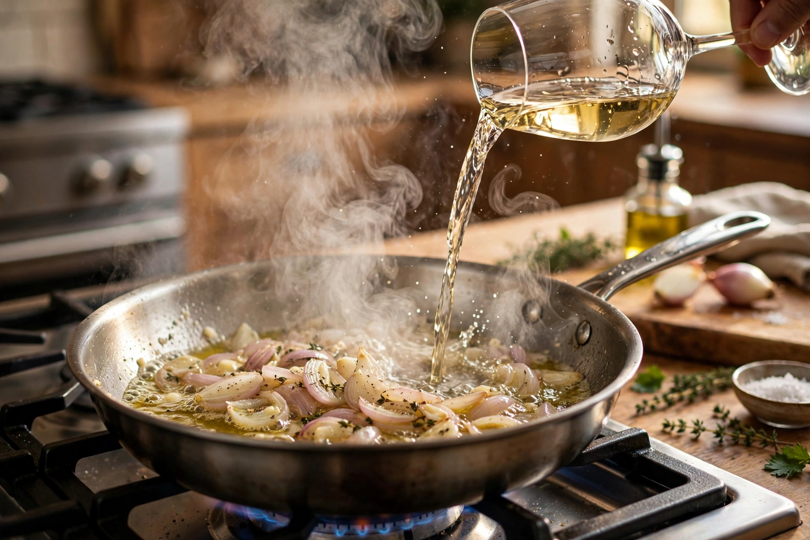 Pouring dry white wine into the skillet to deglaze