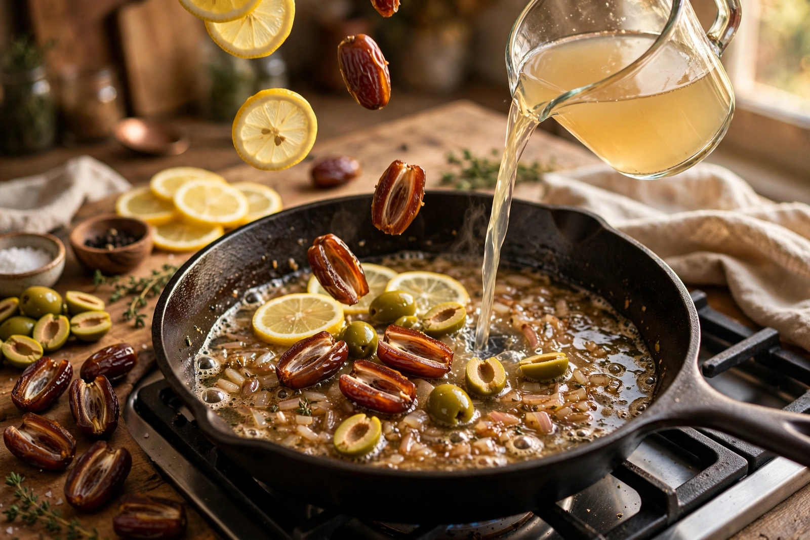 Adding lemon slices, green olives, Medjool dates and chicken stock to the skillet