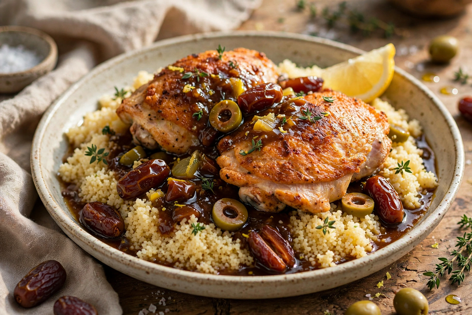 Date me chicken served over couscous with pan sauce spooned over