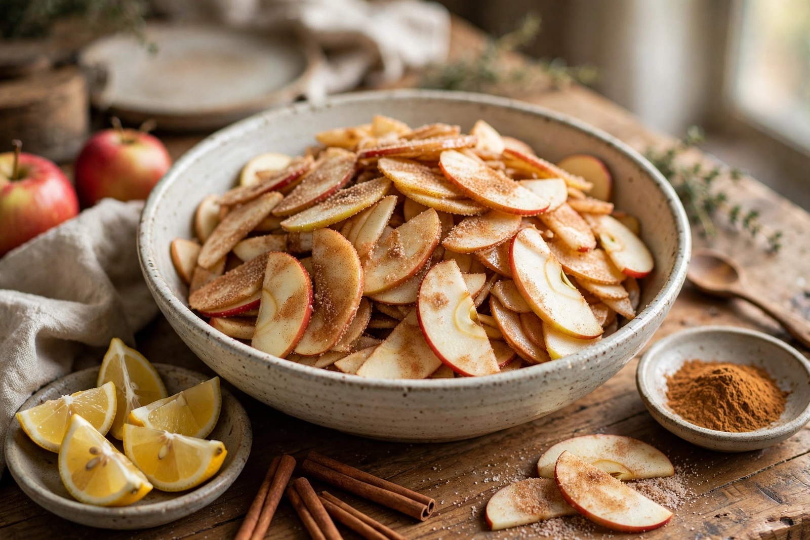 Sliced apples tossed with cinnamon sugar and lemon juice in a large bowl