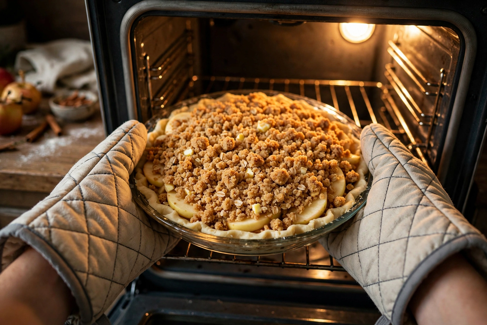 Streusel-topped apple pie being placed into a hot oven with oven mitts