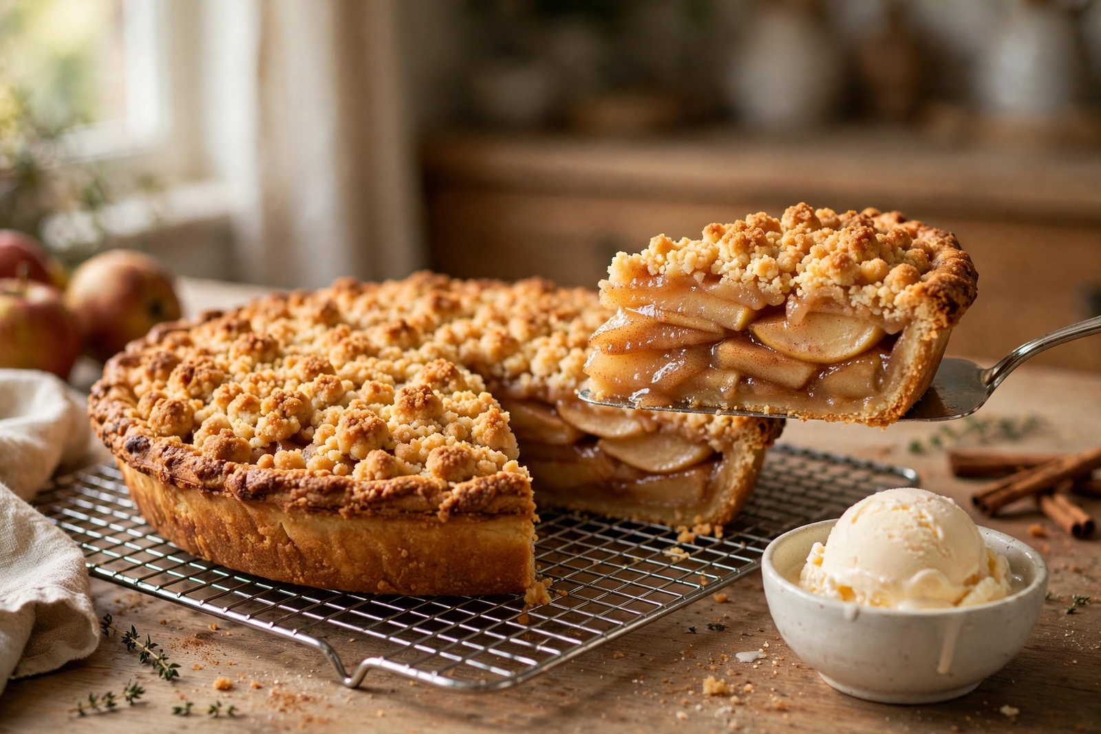 Golden baked Dutch apple pie cooling on a rack, one slice lifted showing juicy apples