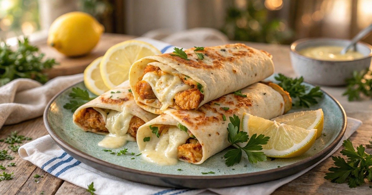 Gordon Ramsay crispy chicken cheese wraps recipe — grilled flour tortilla wraps filled with crispy golden breaded chicken and oozing melted mozzarella, lemon slices and fresh parsley