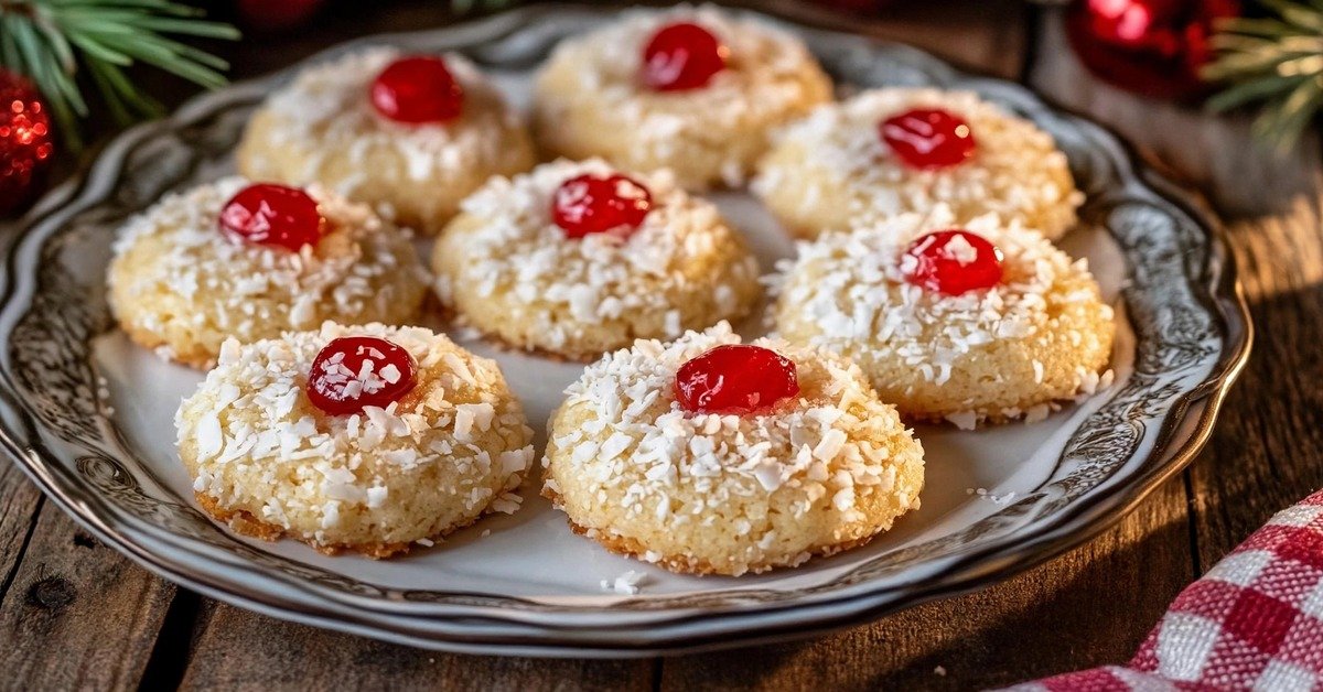 Platter of coconut cherry thumbprint cookies rolled in toasted coconut and topped with glossy red glace cherries