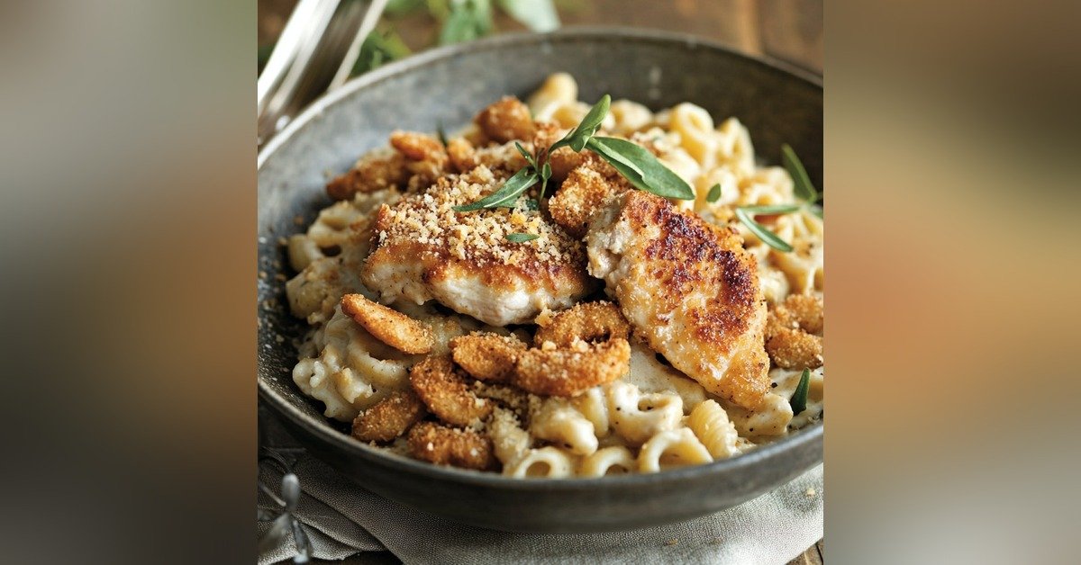 Crispy fried chicken strips over creamy garlic parmesan pasta